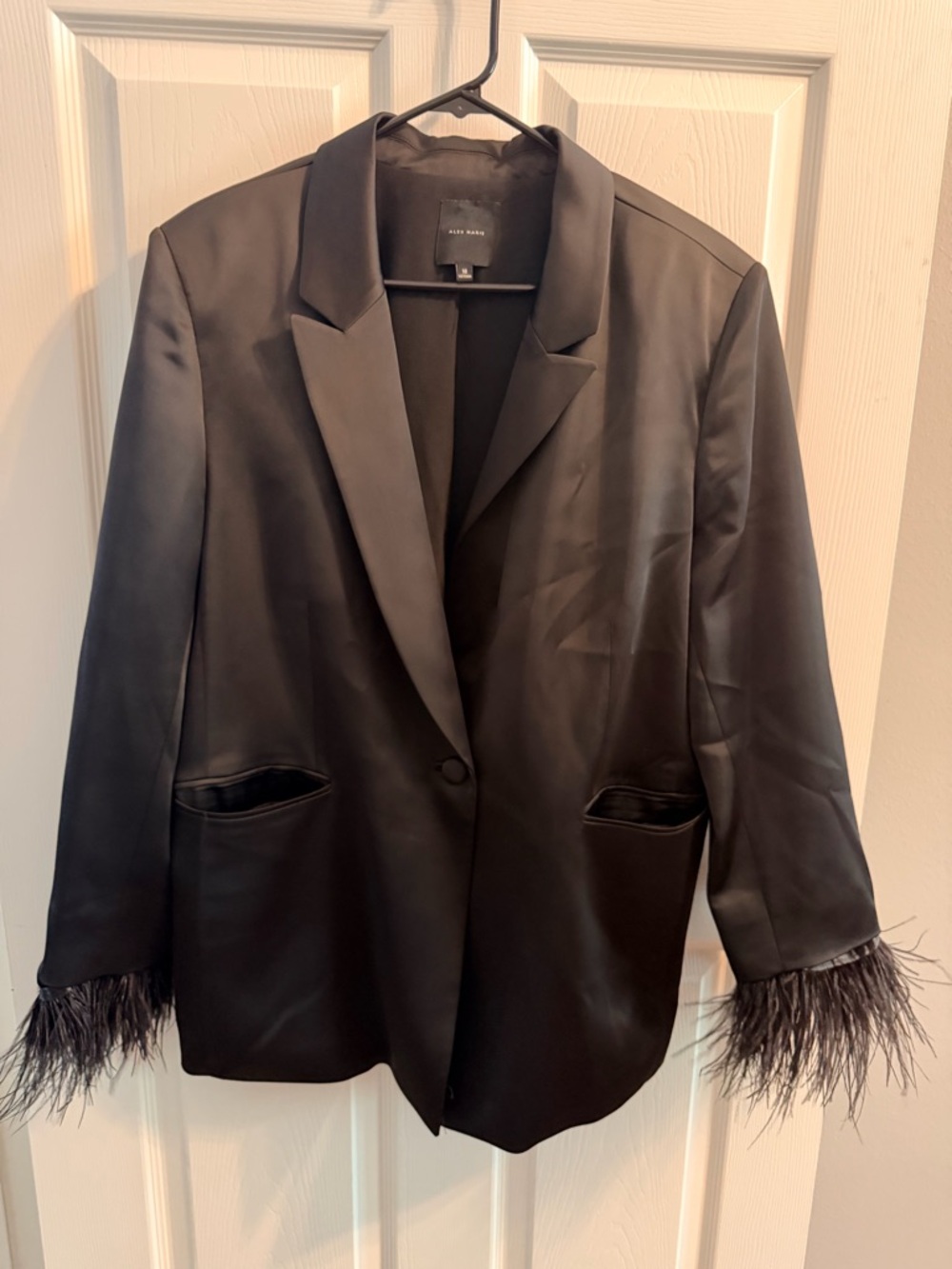 Alex Marie Black Satin Blazer with Feather Cuffs